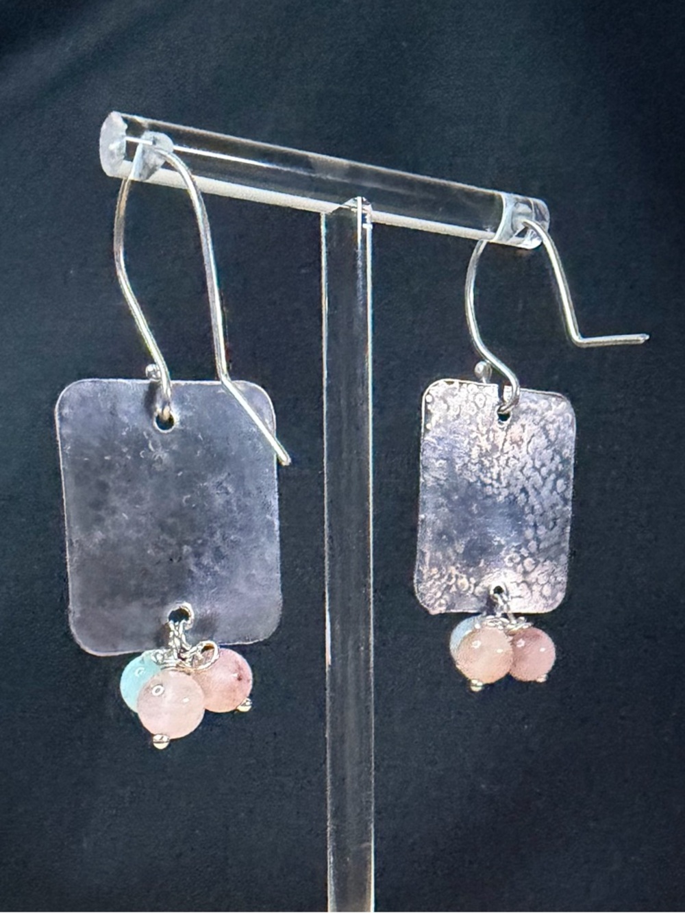 Sterling Silver Aquamarine and Rose Quartz Artisan Hand Crafted Dangle Earrings - Picture 8 of 9
